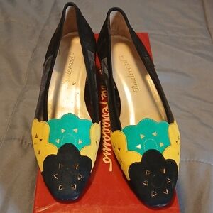 Salvatore Ferragamo Yellow Teal and Black Floral Cutout Flats